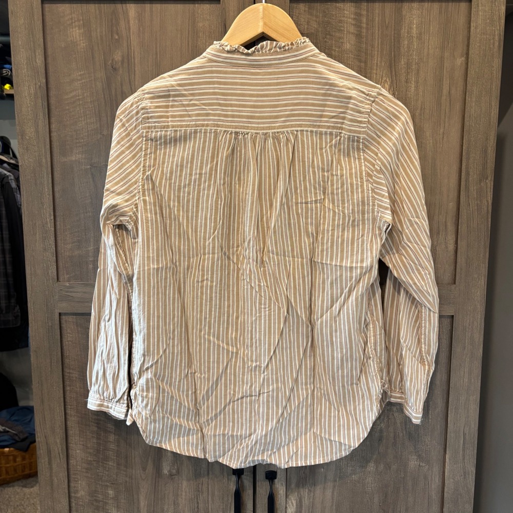 Trovata Birds of Paradis Top Tan Striped Ruffle Collar Button Down Shirt Small - Picture 2 of 7